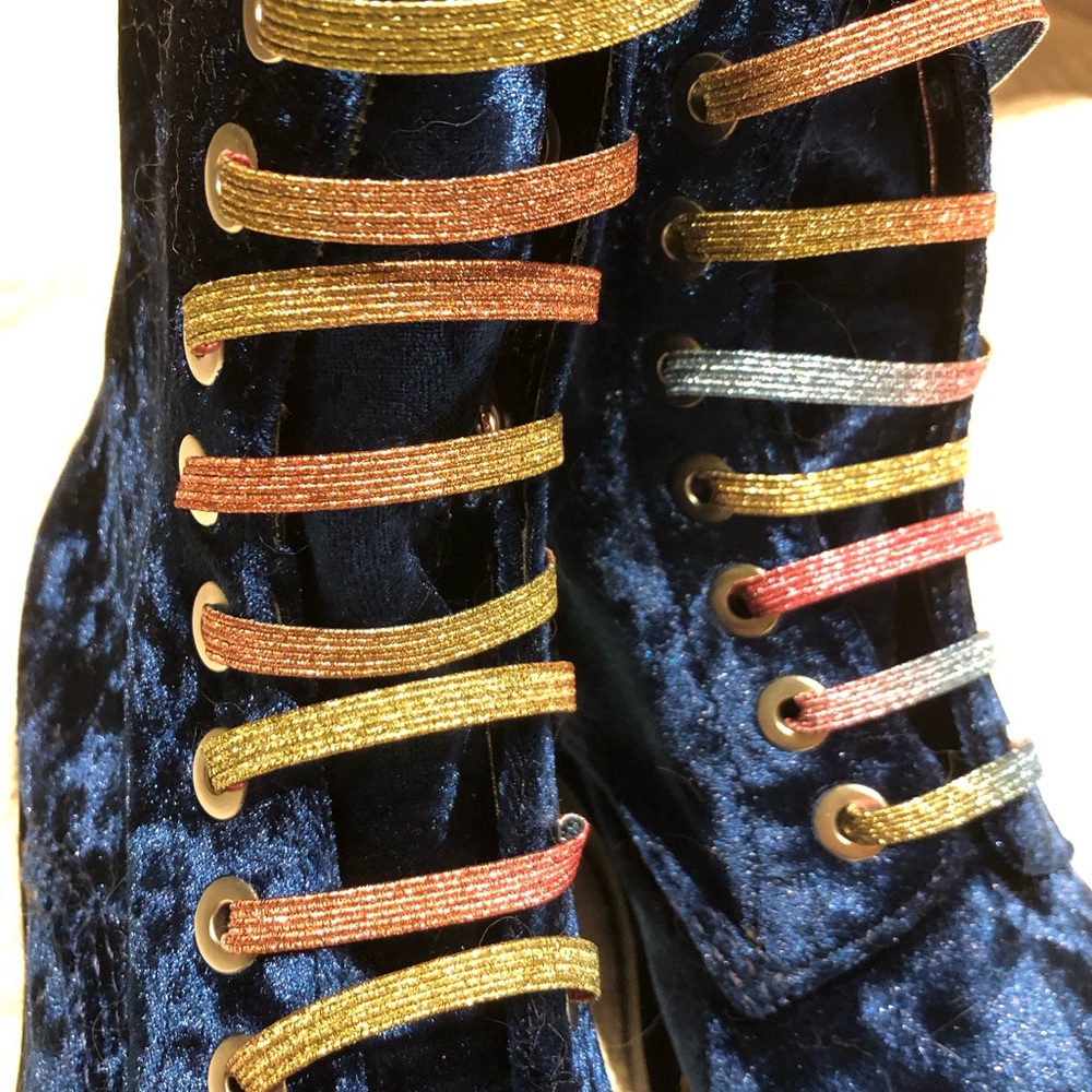 Dr. Martens Blue Velvet Lace-Up Boots with Multicolor Glitter Laces - Picture 2 of 5
